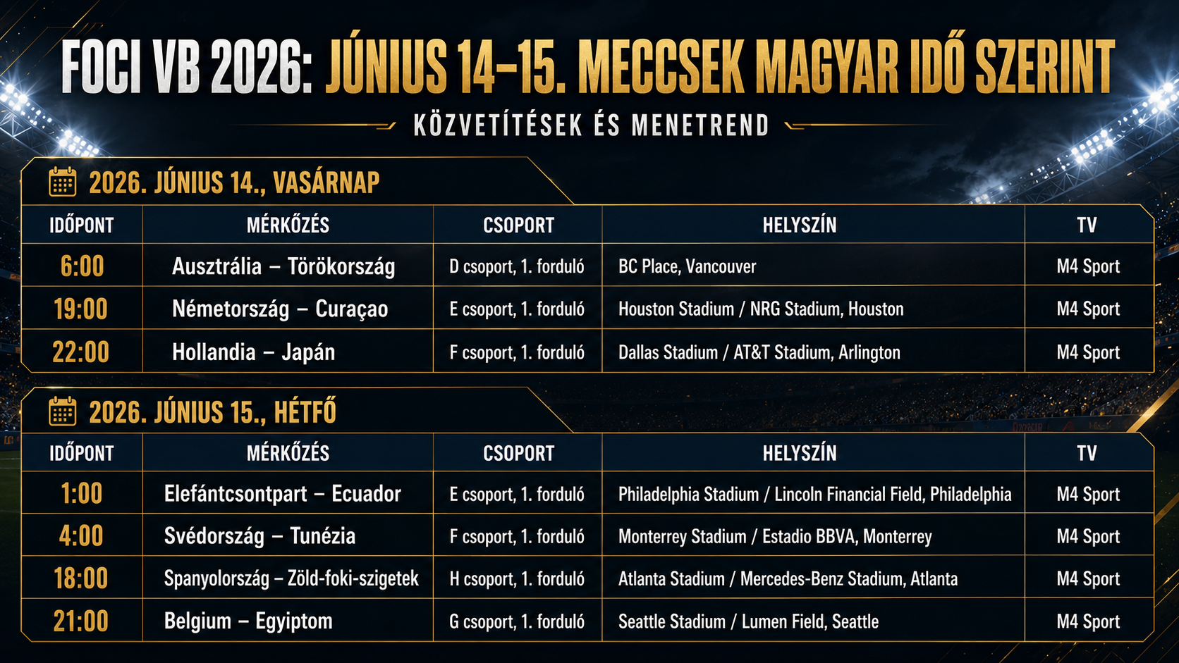 Foci vb 2026 meccs időpontok
