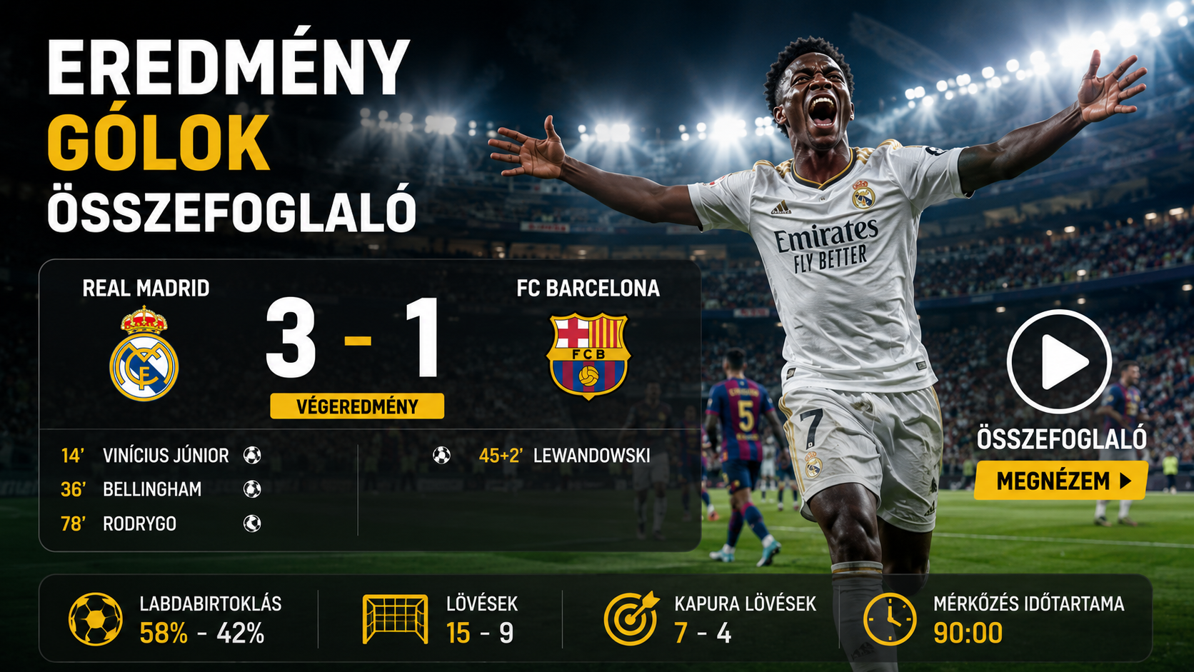 Real Madrid vs Barcelona gólszerzés összefoglaló