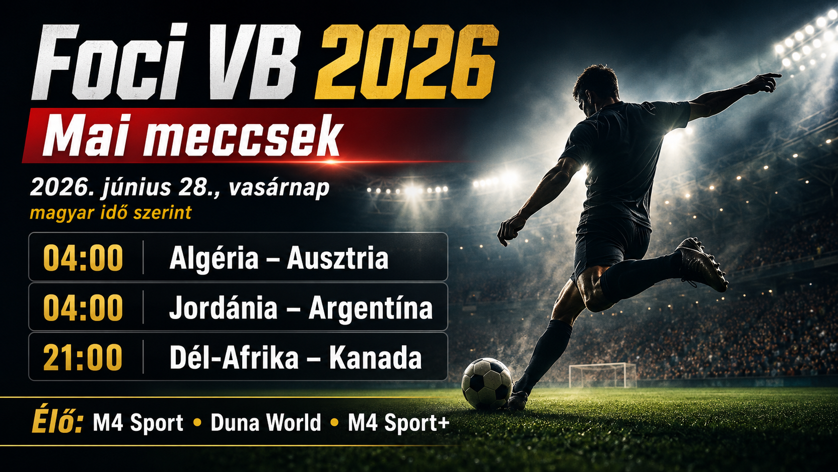Cikkstruktúra H1: 2026-os FIFA-világbajnokság mai meccsek magyar idő szerint – közvetítések és menetrend Bevezető: Írj 2–3 rövid bekezdést arról, hogy milyen Foci VB 2026 meccsek lesznek ma, magyar idő szerint mikor kezdődnek, melyik csatornán vagy online felületen nézhetők, és melyik mérkőzés lehet a nap legérdekesebb párharca. H2: Foci VB 2026 mai meccsek magyar idő szerint Ne használj táblázatot. Használj jól áttekinthető felsorolást: - [Ország 1] – [Ország 2] Kezdés magyar idő szerint: [időpont] Dátum: [dátum] TV-közvetítés: [csatorna] Online stream: [online felület] TippmixPro stream: [igen / ellenőrizendő] Rövid érdekesség: [1 mondat] - [Ország 3] – [Ország 4] Kezdés magyar idő szerint: [időpont] Dátum: [dátum] TV-közvetítés: [csatorna] Online stream: [online felület] TippmixPro stream: [igen / ellenőrizendő] Rövid érdekesség: [1 mondat] H2: Mai Foci VB meccsek dátum szerint Írd bele: Mai dátum: [év. hónap nap., nap neve] Röviden magyarázd el, hogy az időeltolódás miatt lehetnek késő esti, éjszakai vagy hajnali kezdések magyar idő szerint. H2: Hol nézhetők a mai Foci VB 2026 meccsek? Írd le: - TV-közvetítés: M4 Sport vagy aktuális magyar TV-csatorna; - online közvetítés: m4sport.hu/elo vagy hivatalos online felület; - TippmixPro stream: ha az adott eseménynél elérhető; - kezdés előtt érdemes ellenőrizni az aktuális műsorújságot és az esemény adatlapját. H2: Melyik mai Foci VB meccs lehet a legérdekesebb? Válassz ki 1–2 kiemelt meccset. Írd meg: - miért lehet nagy érdeklődés iránta; - van-e sztárcsapat vagy sztárjátékos; - van-e továbbjutási jelentősége; - várható-e nagy keresési volumen; - érdemes-e külön közvetítéses, várható kezdős vagy tippek cikket írni róla. H2: Mai Foci VB 2026 tippek és fogadási lehetőségek Rövid, felelősségteljes blokk legyen. Ne adj tuti tippet, csak lehetséges fogadási irányokat: - óvatosabb opció: dupla esély; - közepes kockázat: 1,5 gól felett; - magasabb kockázat: mindkét csapat szerez gólt; - élő fogadás: az első 10–15 perc meccsképe alapján. Kötelező mondat: Az oddsok változhatnak, ezért fogadás előtt mindig ellenőrizni kell az aktuális szorzókat, a hivatalos kezdőcsapatokat és a piacok elérhetőségét a TippmixPro felületén. Kötelező figyelmeztetés: 18+ | A sportfogadás kockázattal jár. Csak akkora összeget kockáztass, amelynek elvesztése nem okoz anyagi problémát. A túlzásba vitt szerencsejáték függőség kialakulásához vezethet. Játssz felelősséggel! H2: Kapcsolódó cikkek a mai Foci VB meccsekhez Ide kerüljenek belső linkek: - [Ország 1] – [Ország 2] közvetítés - [Ország 1] – [Ország 2] tippek és fogadási lehetőségek - [Ország 1] – [Ország 2] várható kezdőcsapat - [Ország 1] – [Ország 2] eredmény, gólok, összefoglaló - [Ország 1] – [Ország 2] ismétlés visszanézése - Foci VB 2026 eredmények - Foci VB 2026 tabella H2: GYIK – 2026-os FIFA-világbajnokság mai meccsek magyar idő szerint Kérdések: - Milyen Foci VB 2026 meccsek lesznek ma? - Mikor kezdődnek a mai Foci VB meccsek magyar idő szerint? - Melyik csatorna közvetíti a mai Foci VB meccseket? - Hol nézhetők online a mai Foci VB 2026 meccsek? - Lesz TippmixPro stream a mai Foci VB meccsekhez? - Melyik mai Foci VB meccs lehet a legizgalmasabb? - Lehet fogadni a mai Foci VB meccsekre? - Hol lehet visszanézni a mai Foci VB meccseket? Összegzés: Ismételd meg röviden: - mai dátum; - mai meccsek; - magyar idő szerinti kezdések; - közvetítési lehetőségek; - TippmixPro stream / fogadási lehetőségek; - felelősségteljes játék üzenet.