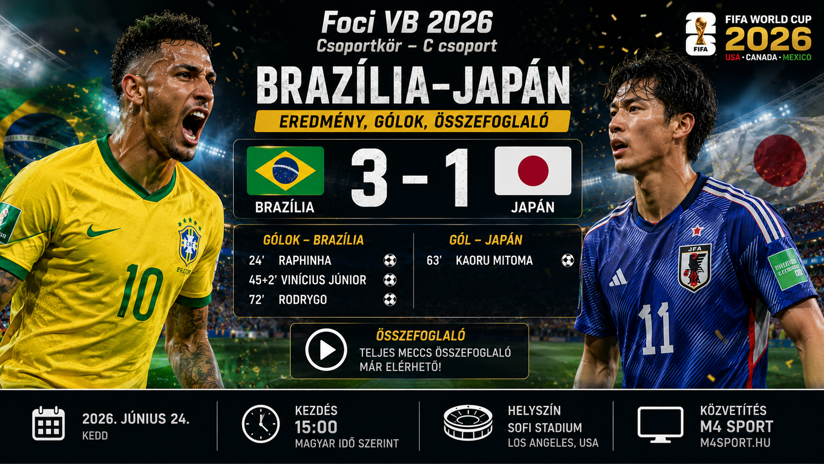 Foci VB 2026: Brazília–Japán eredmények